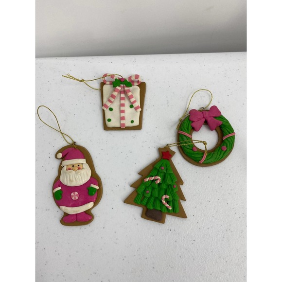 Christmas Ornaments Clay Dough Lot Of 4 Santa Wreath Christmas Tree Present - Picture 1 of 5